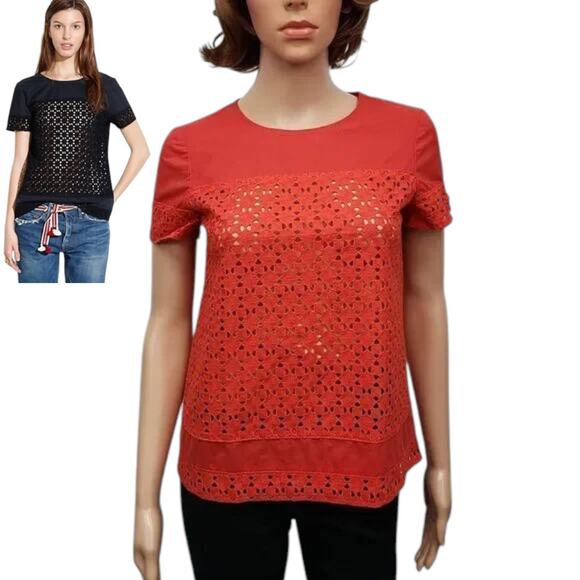 MADEWELL Starstitch Eyelet Anglaise Top Size XS Poppy Red Short Sleeves - Picture 1 of 13